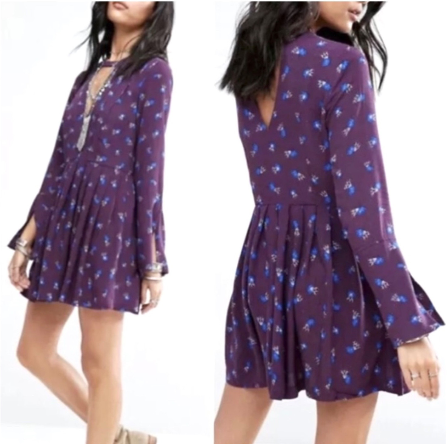 Free People Tegan Mini Dress Size 8 Bell Sleeve Purple Blue Floral Boho Babydoll