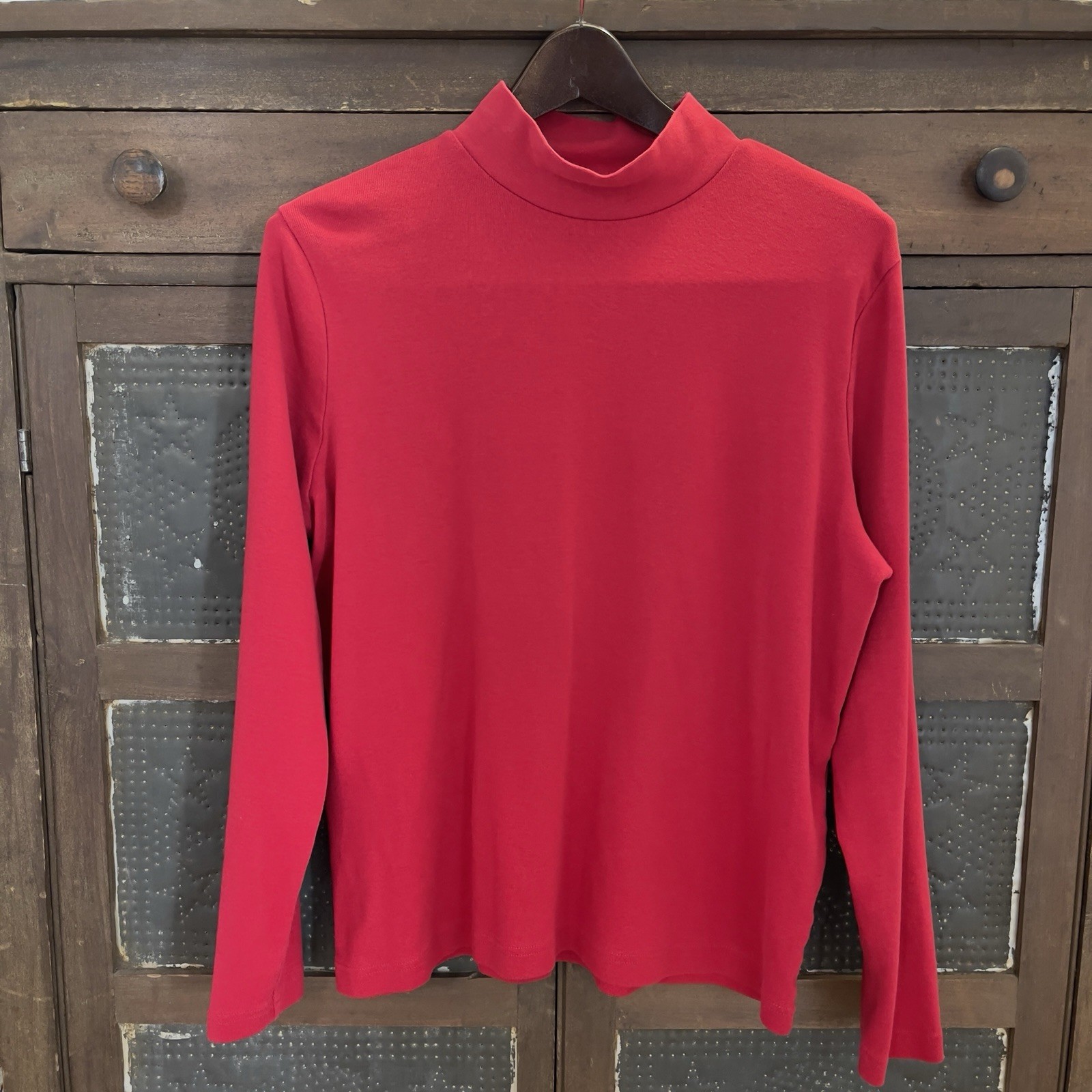 Kim Rogers Large Mock Turtleneck Knit Top Long Sleeve Red Classic Holiday