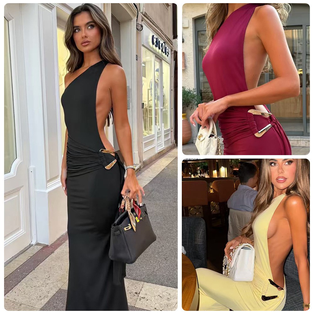 Womens Sexy One-shoulder Backless Dress