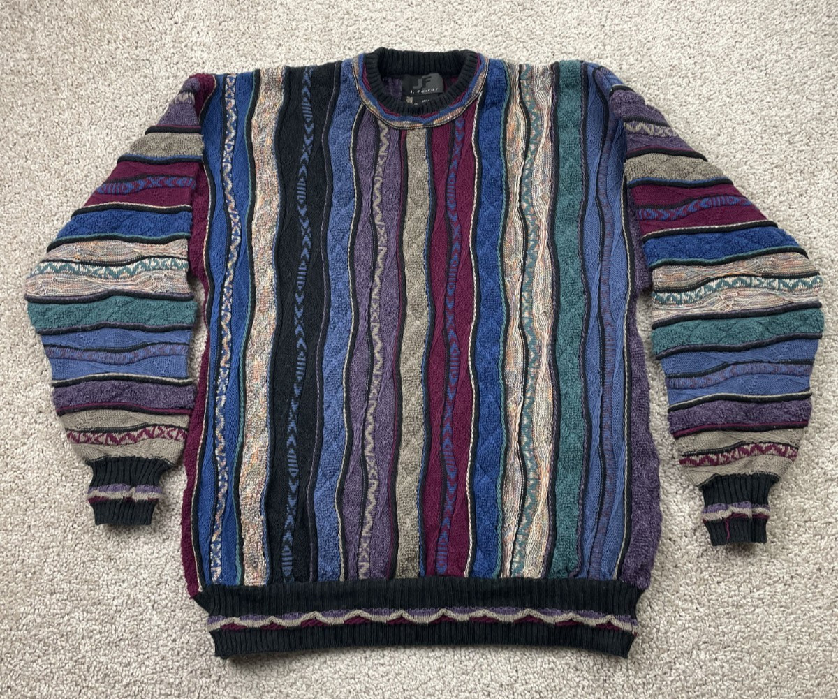 Vintage J. Ferrar 3-D Knit Sweater Mens Medium Colorful Coogi Style Hip Hop 90s