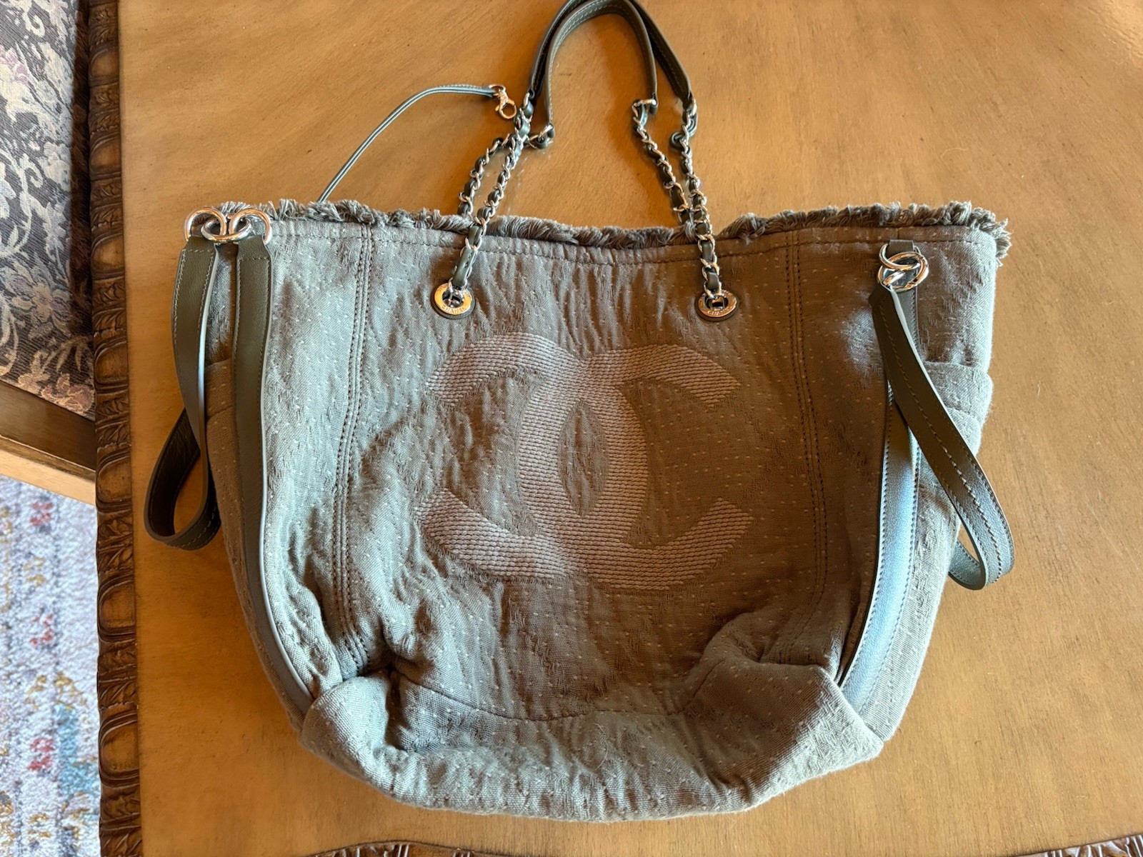 Chanel Canvas Double Face Deauville Tote Bag Khaki Fabric Limited Edition