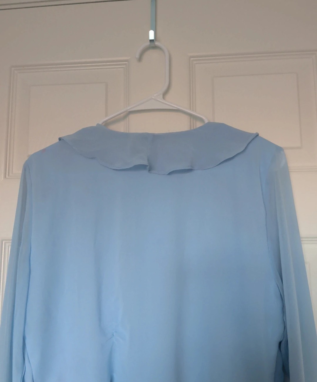 Lulus Blue Chiffon Semi-Sheer Ruffle V-Neck Tie-Front Bell Sleeve Blouse L