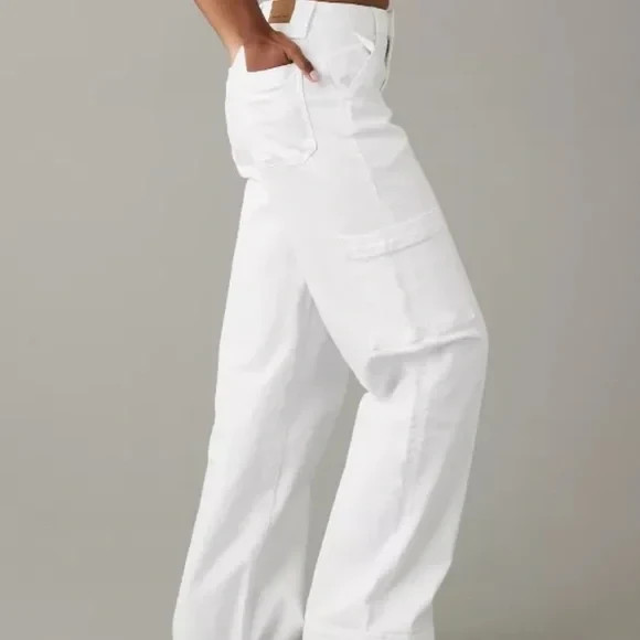 American Eagle AE Super High Rise Baggy Wide Leg Cargo White 18 Reg Women’s NWOT