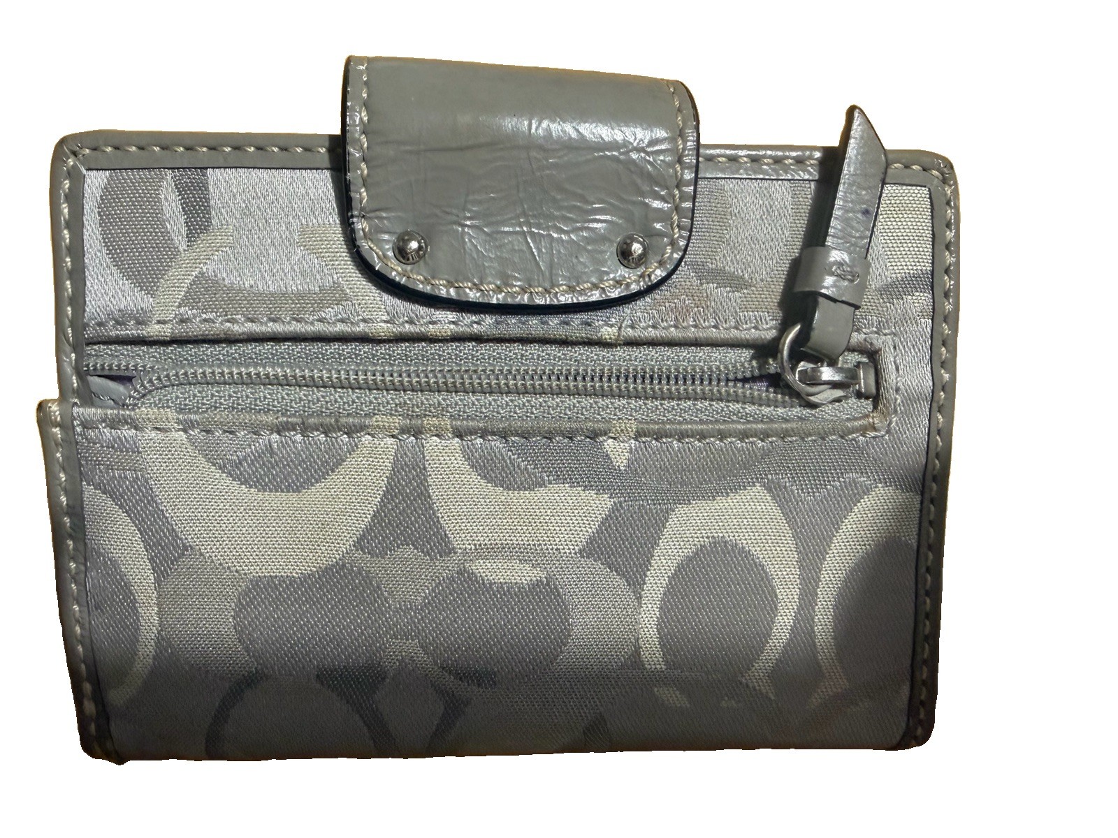 Coach Gray Signature Canvas Turnlock Wallet Checkbook Organizer Zip Coin Pocket