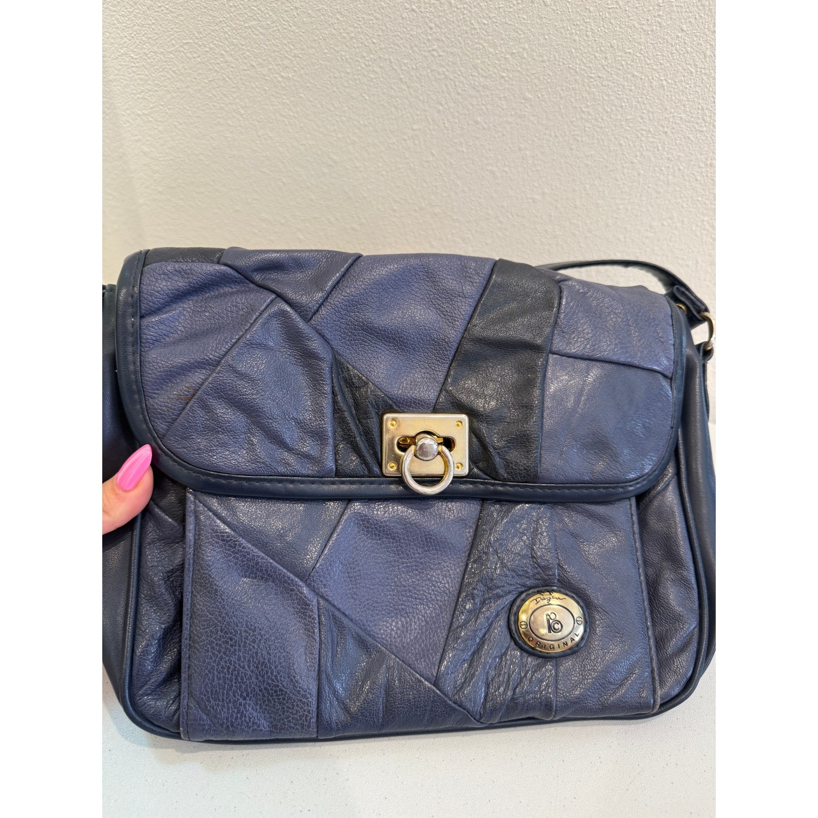 Paglia Original Vintage Navy Patchwork Leather Crossbody Shoulder Bag Gold Tone