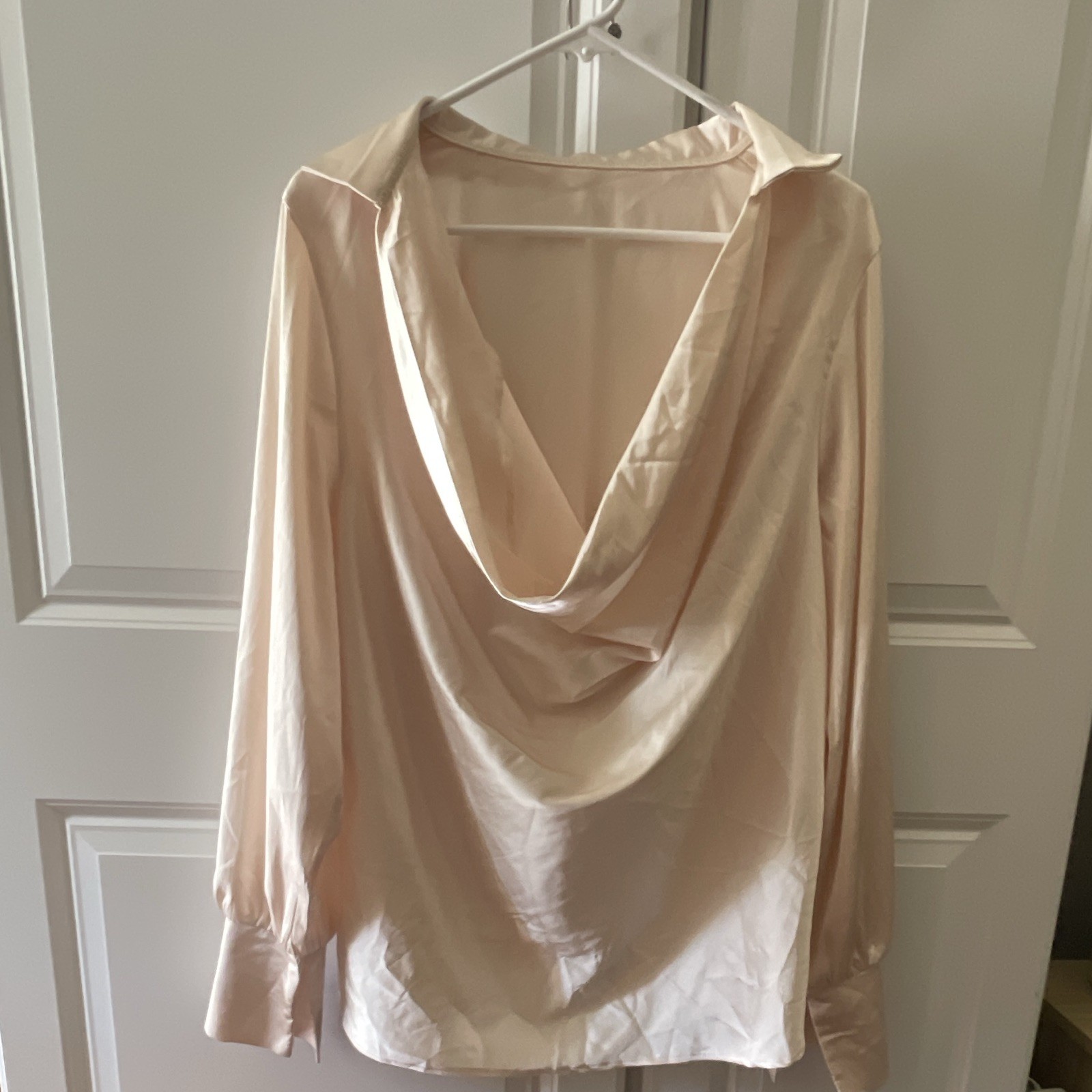 LYANER Women’s Beige Solid Satin Cowl Neck Long Sleeve Pullover Blouse L