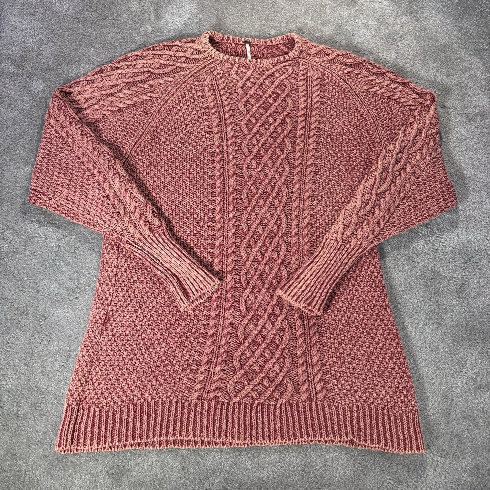 Free People Sweater Womens L Rose Pink Chunky Cable Knit Heavyweight Raglan