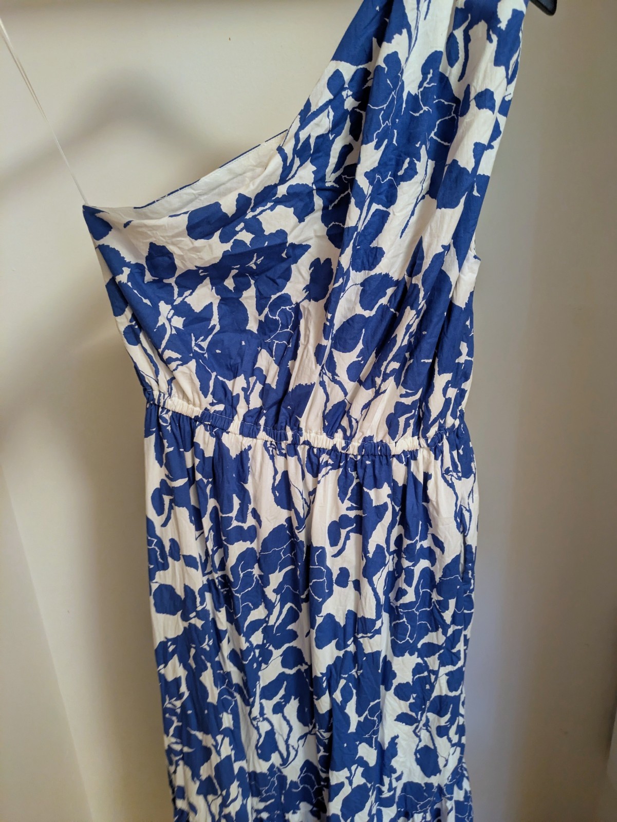 Hyacinth House Blue White Floral One Shoulder Maxi Dress Ruffle Lined Cotton S