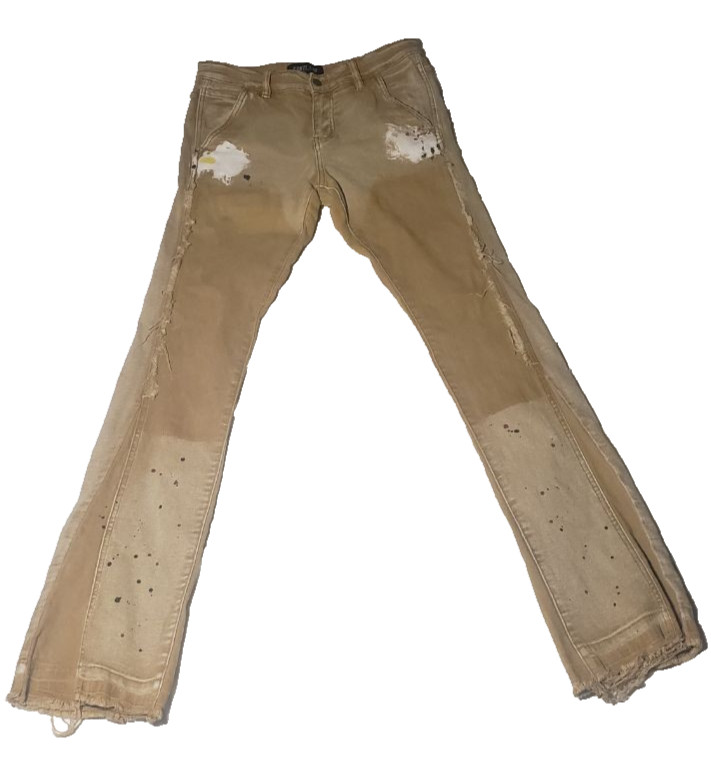 ESNTL LAB Men’s Jeans 32×32 Tan Khaki Slim Stretch Distressed Ripped Slim/Skinny