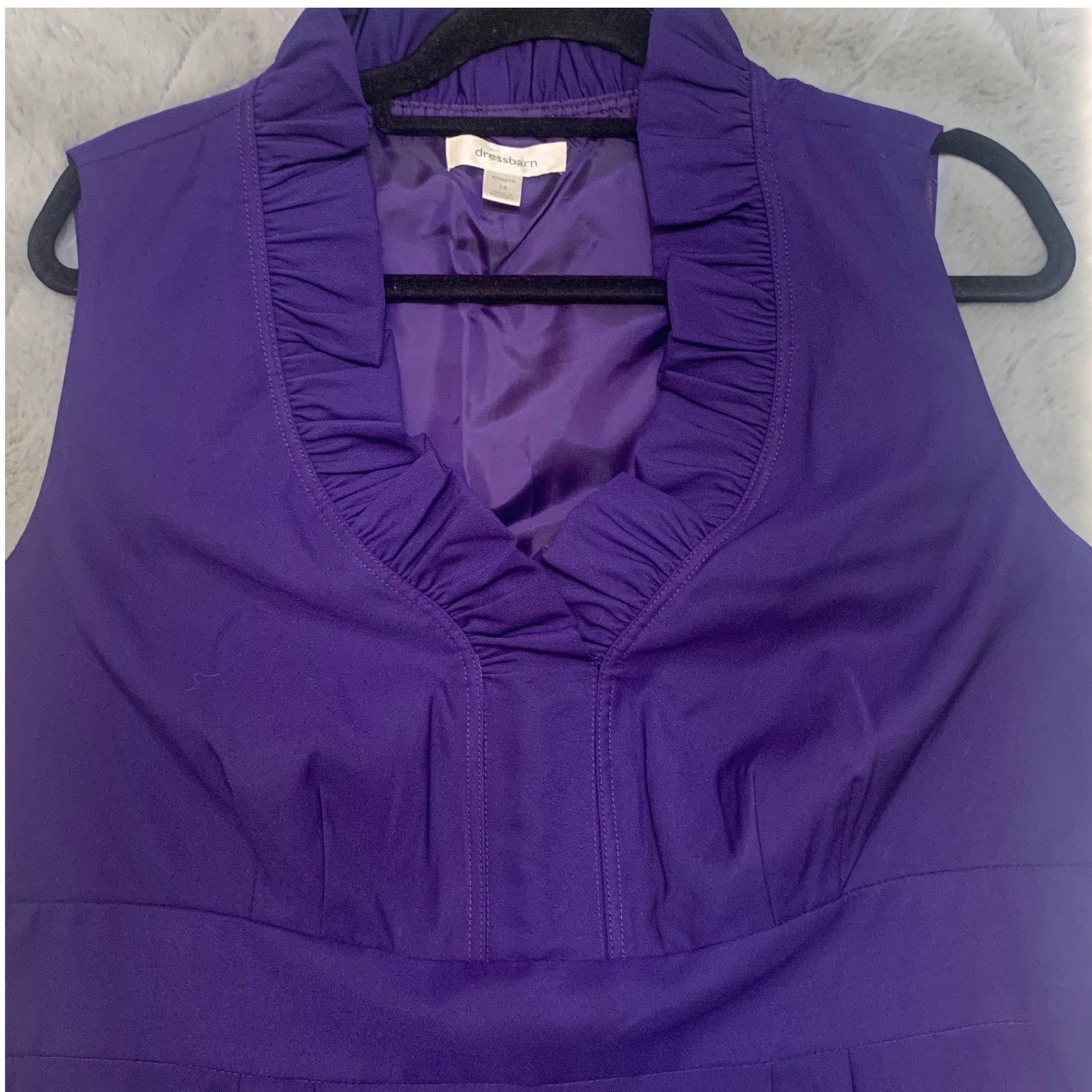 Dressbarn Womens Purple Ruffled V-Neck Sleeveless Sheath Dress Size 14 Lined