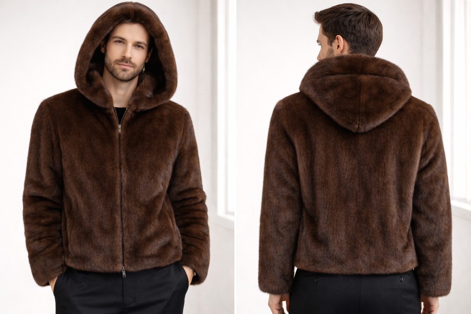 Men’s Hooded Mink Fur Jacket – Real Brown Fur Winter Coat