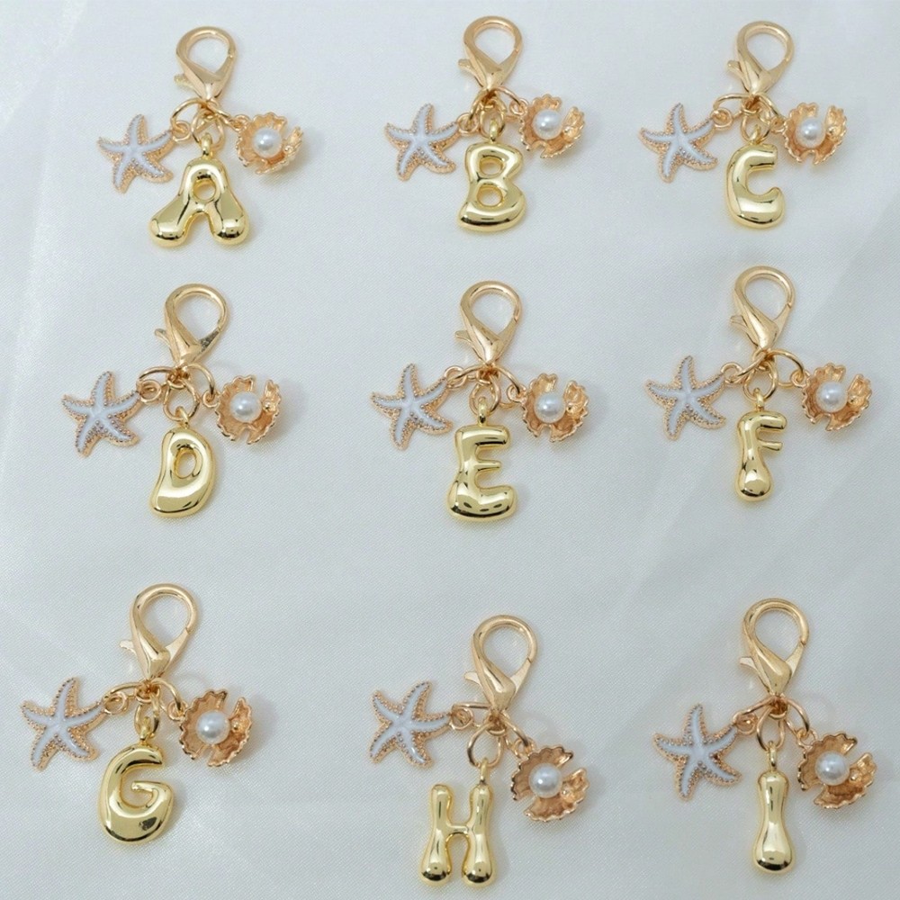 1PCS A-Z Gold Bubble Alphabet Keychain Starfish Shell Bag Charm Gift for Women