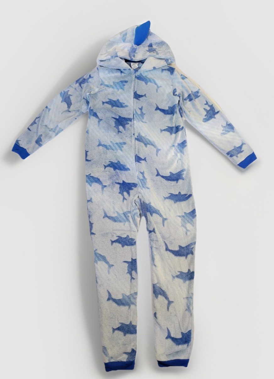 saint eve boys one piece pajamas hooded union suit XS 5/6 blue shark fleece