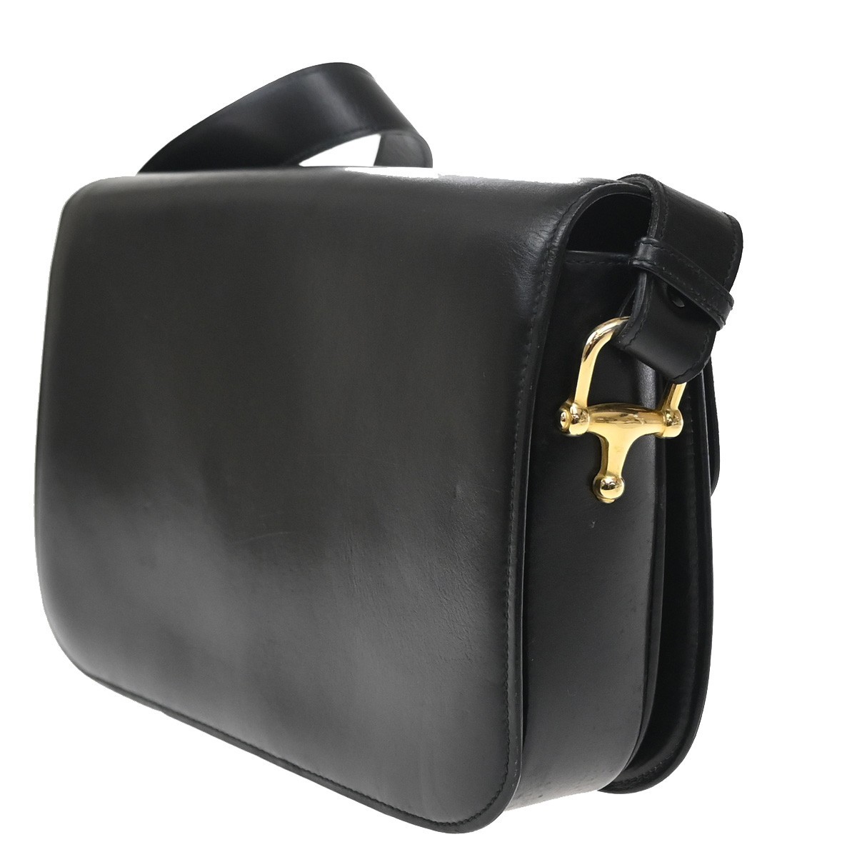 CELINE PARIS Logo Horse Carriage Shoulder Bag Leather Black Gold Italy 38KD451