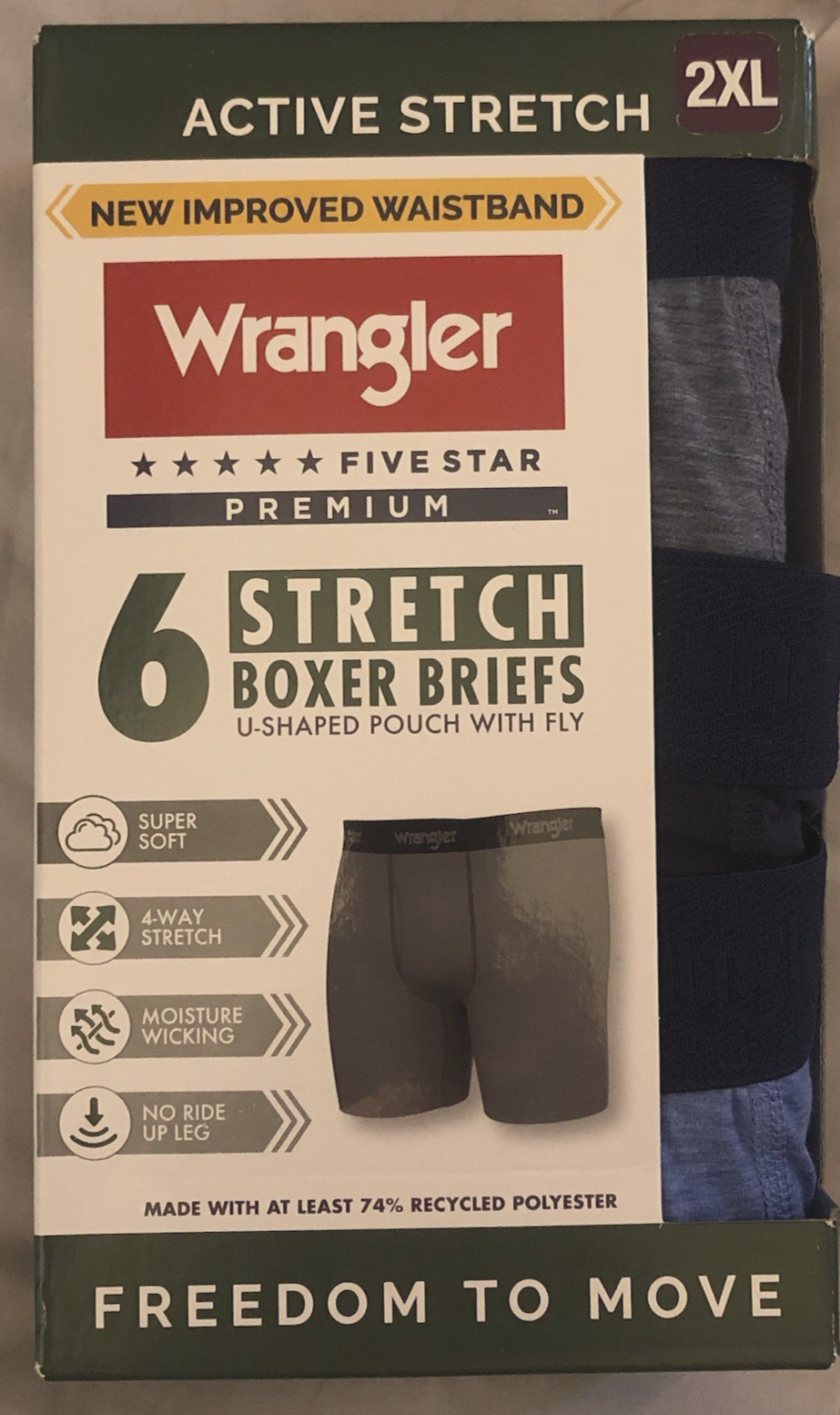 Wrangler Men’s 2XL 44-46 Active Stretch Boxer Briefs 6 PK Moisture Wicking Fly