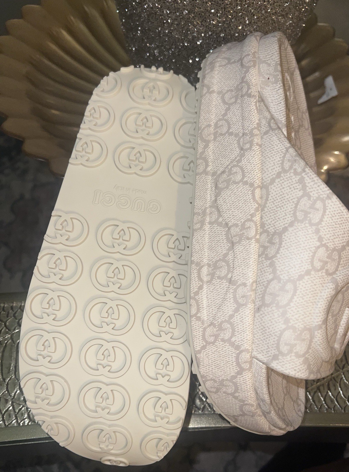 Gucci Slides GG Canvas Beige-Ebony, US Size 8.5 Have A Minor Black Mark Inside