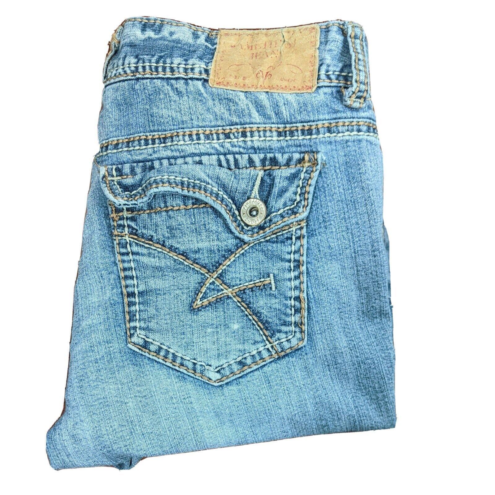 Womens Amethyst Jeans Bootcut Distressed Juniors Size 9 Denim Patches (32×33)