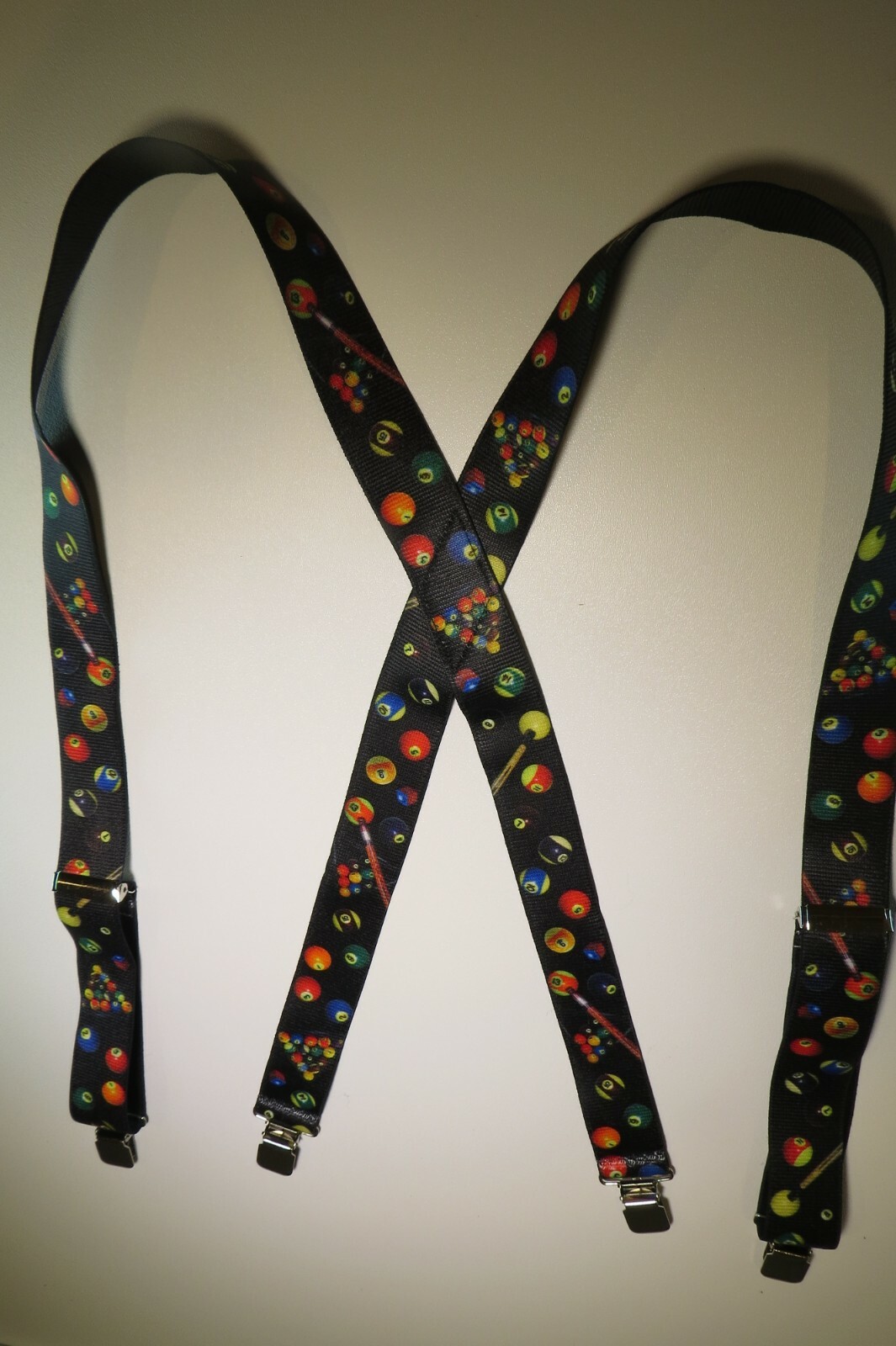 Men’s Suspenders, X Style, Pool Balls Billiards Design with Snaps, USA Made