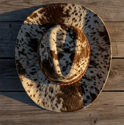 Handmade Genuine Cowhide Leather Cowboy Hat Brown White Western Hair on Hide