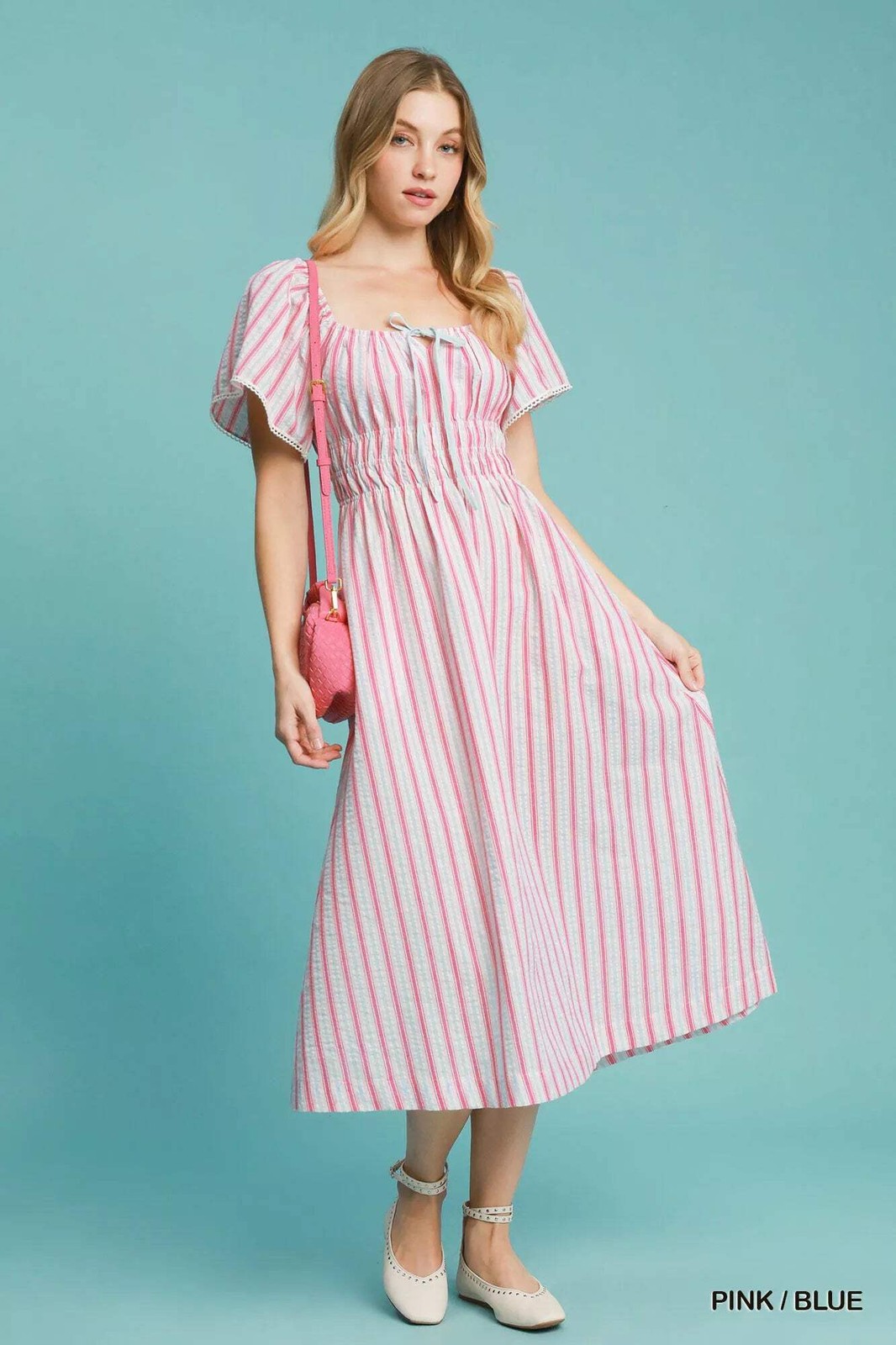 Umgee Cotton Blend Smocked White Pink Stripe Short Sleeve Fit & Flare Midi Dress
