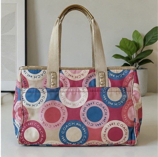 Coach Pink Blue Circle Print Tote Bag Est 1941 Y2K Shoulder Purse