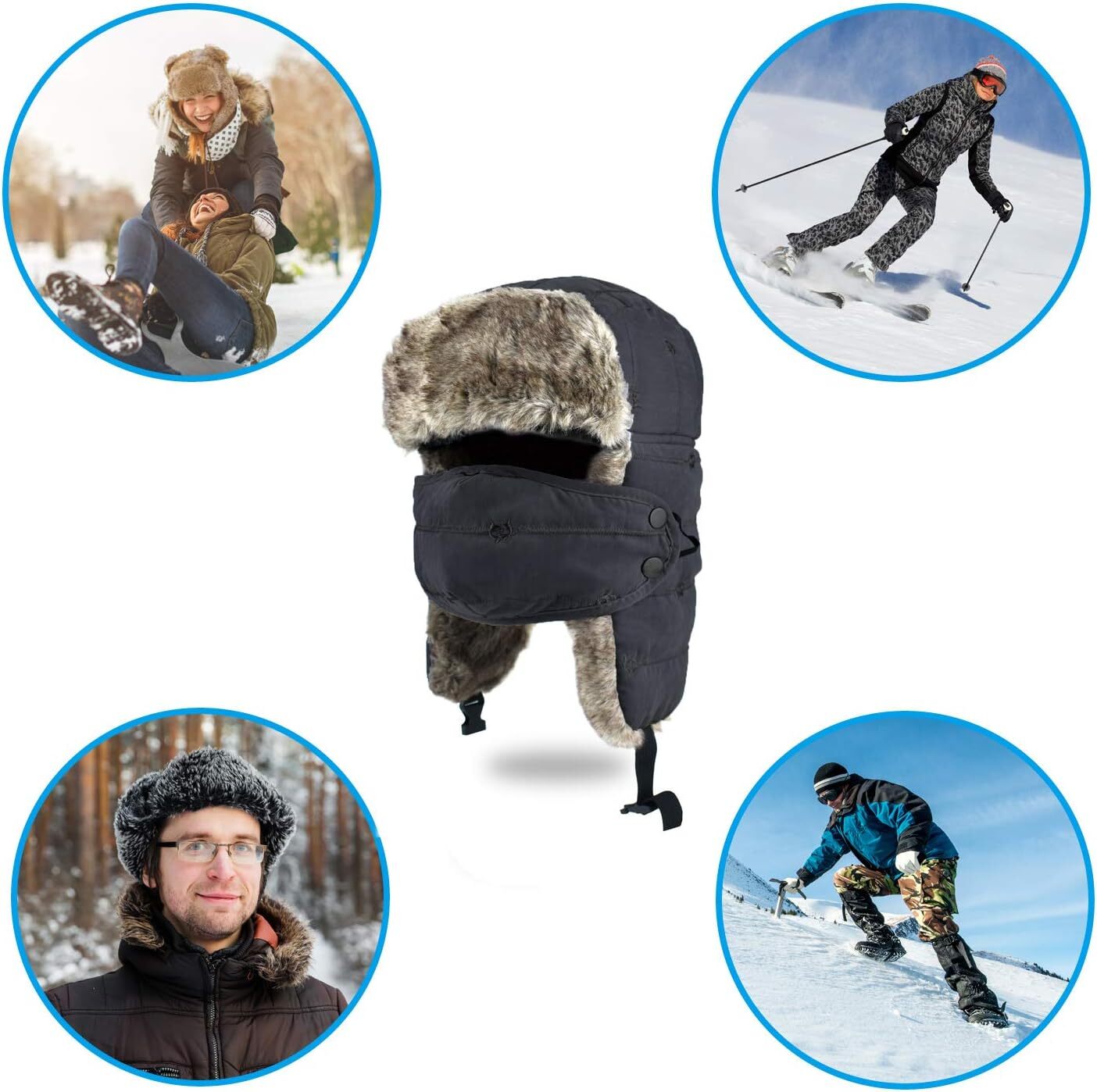 Winter Ski Hat with Ear Flap Removable Face Mask Windproof Faux Fur Hunting Hat