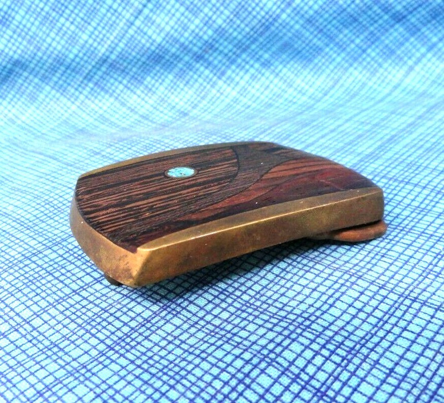 Exotic Wood Stone Brass Inlay Landscape Art Dress Belt Buckle Vtg 70’s DS.DBD473
