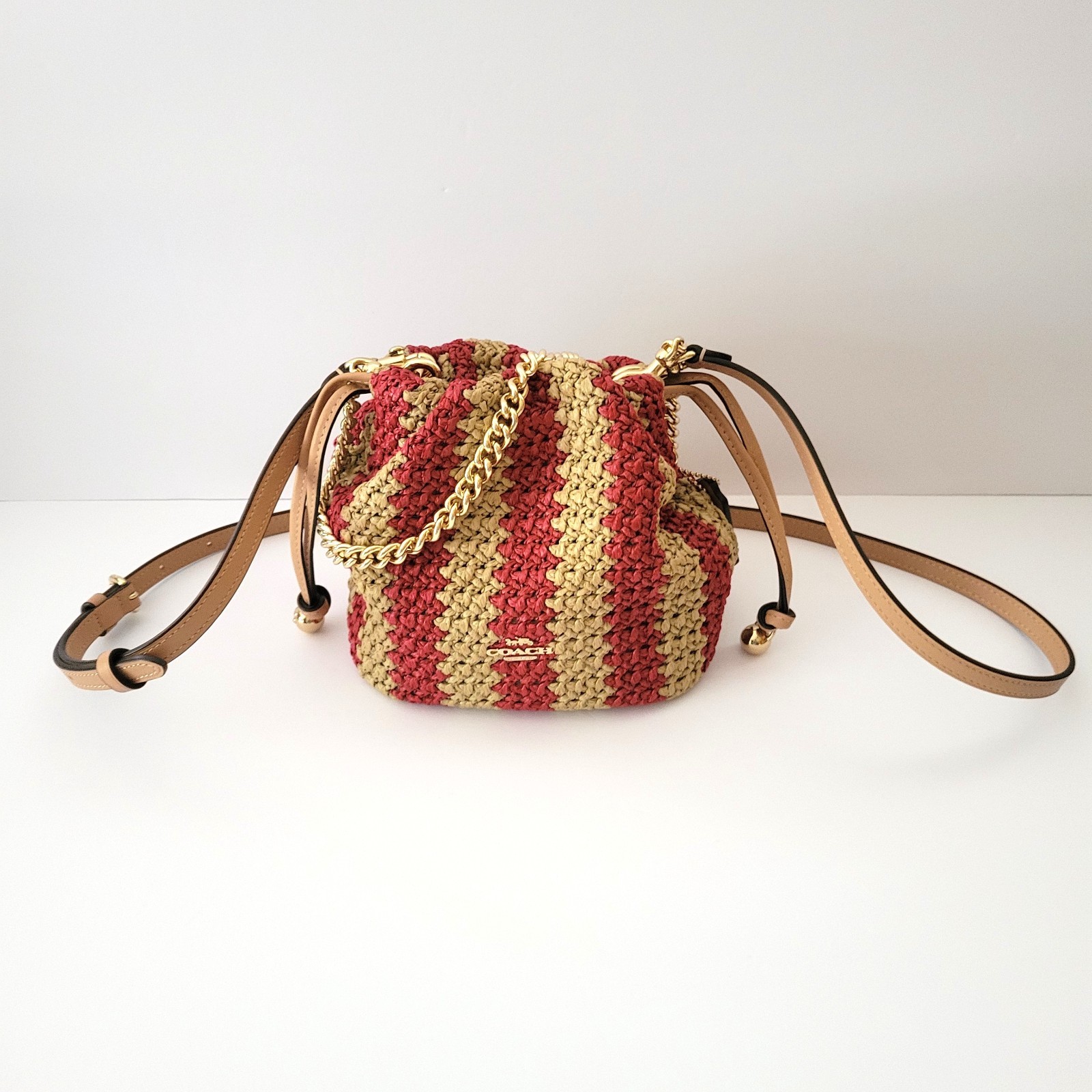 Coach CEN17 Faye Mini Drawstring Straw Crossbody Red Tan Gold Striped Handbag