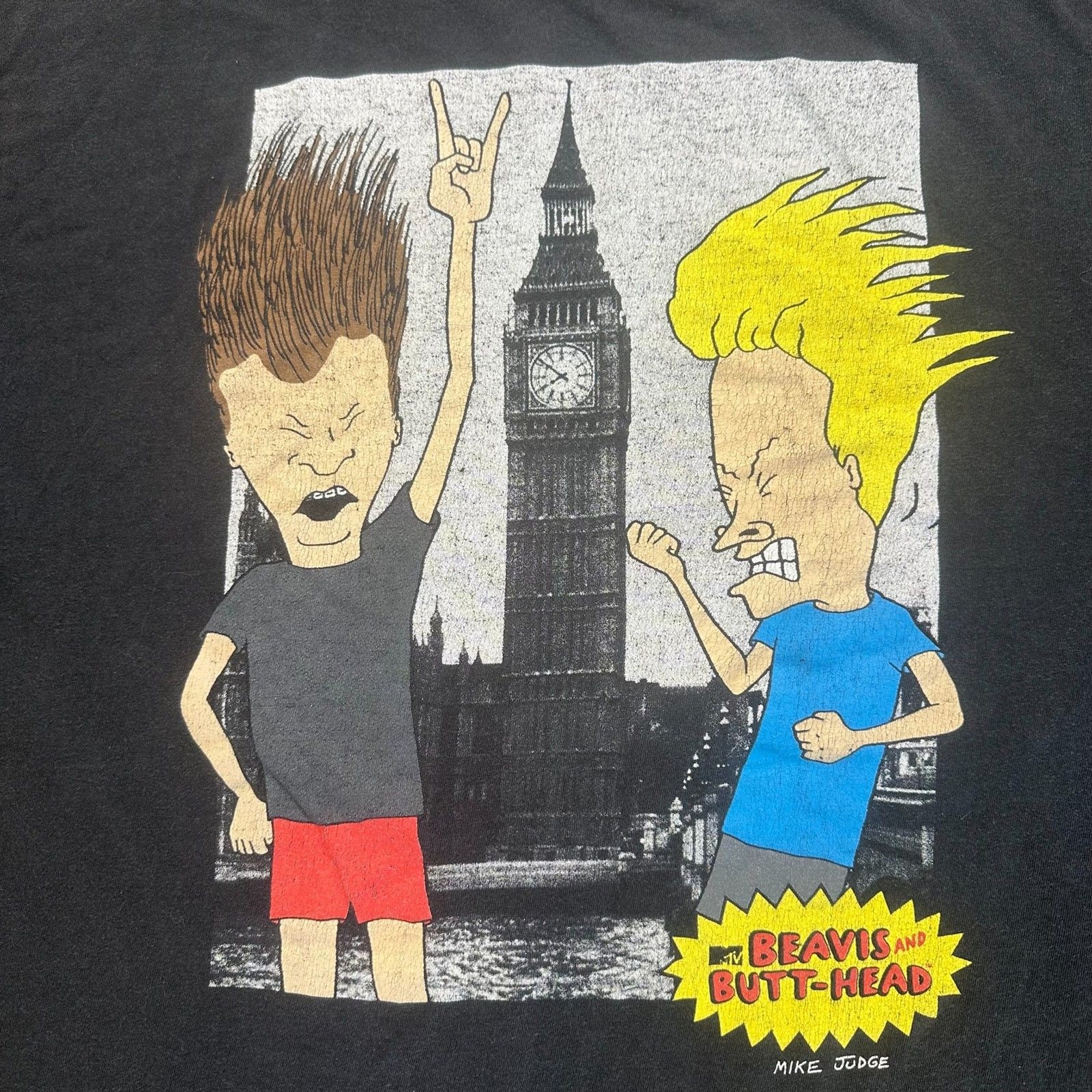 VTG Beavis and Butt-Head Mens XXL MTV Black T-Shirt London Big Ben Faded