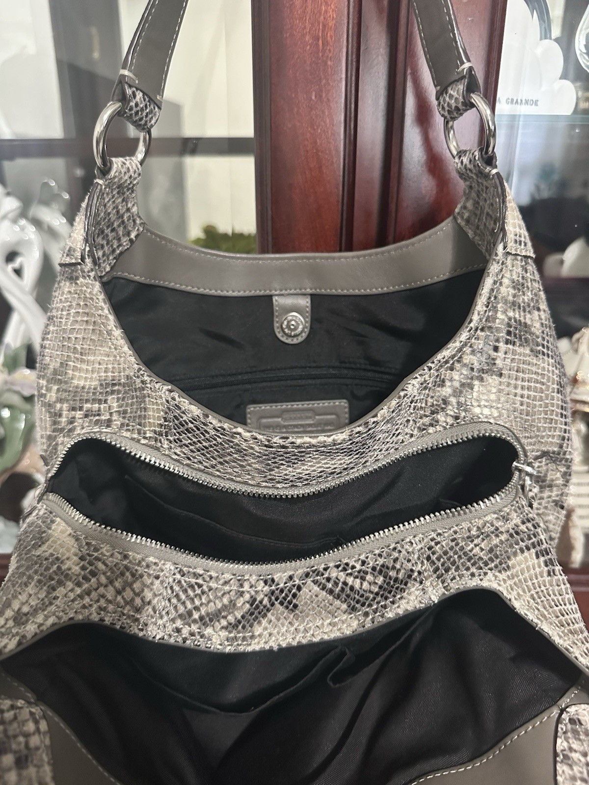 Coach Snake Embossed Medium Crescent Shoulder Bag Gray/Black Silver Hardware