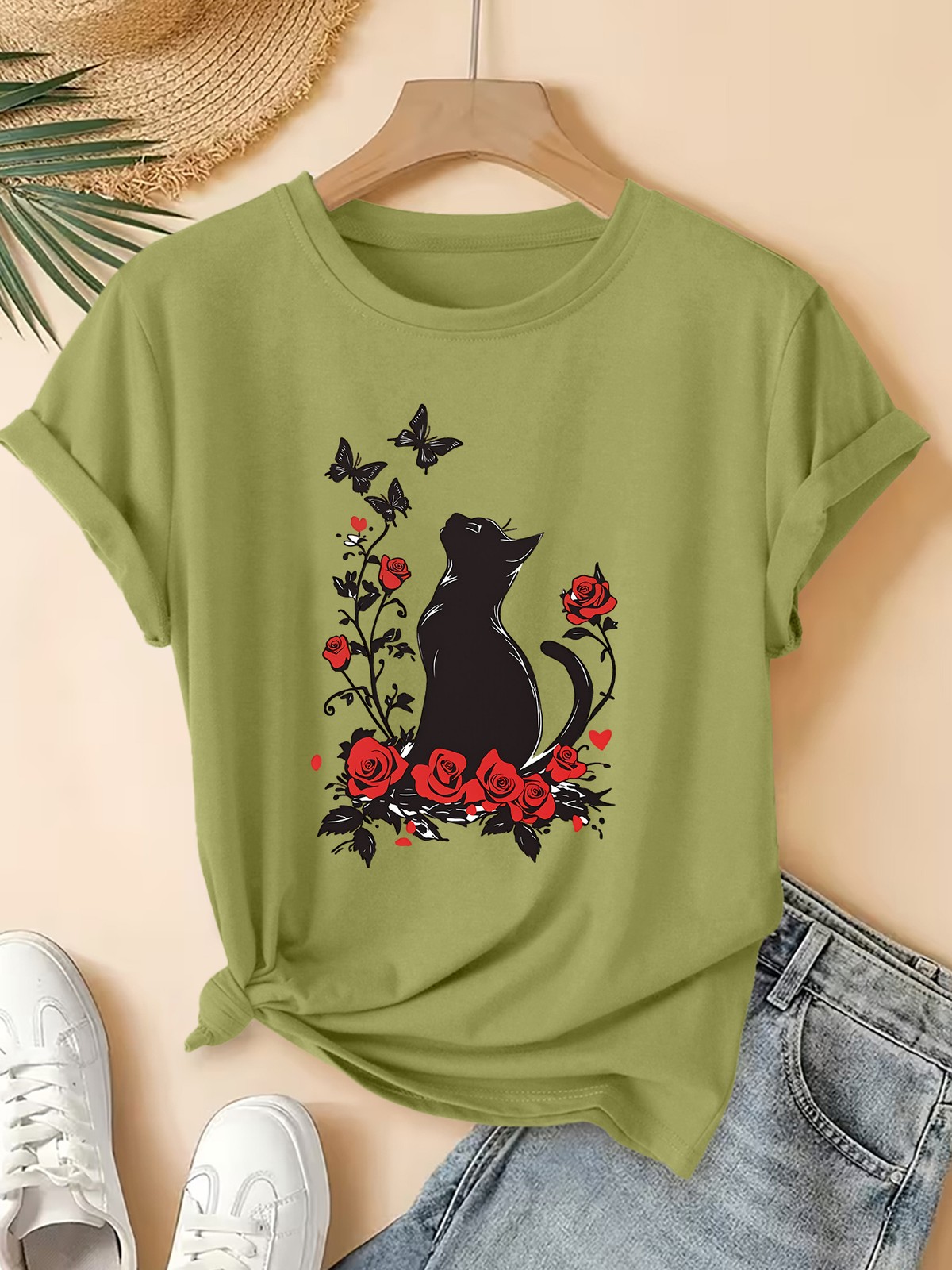 Summer Women’S Round Neck Short Sleeve T-Shirt Cat Butterfly Print Casual Top▧