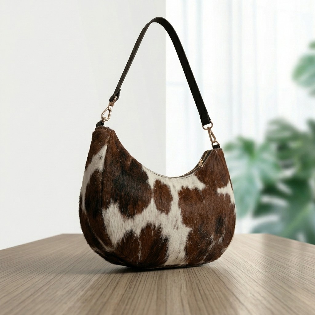 Genuine Cowhide Leather Tote Bag Hair-On Brown White Shoulder Handbag Western