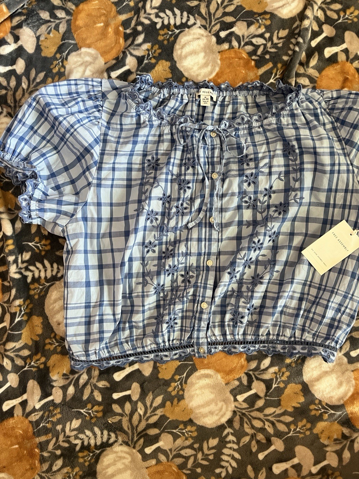 Free Assembly Women’s XL Blue White Plaid Off Shoulder Embroidered Crop Blouse