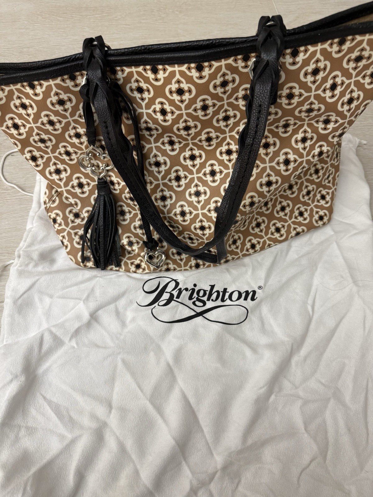 Brighton Beige Black Geometric Tote Zip Shoulder Strap Silver Hardware Dust Bag