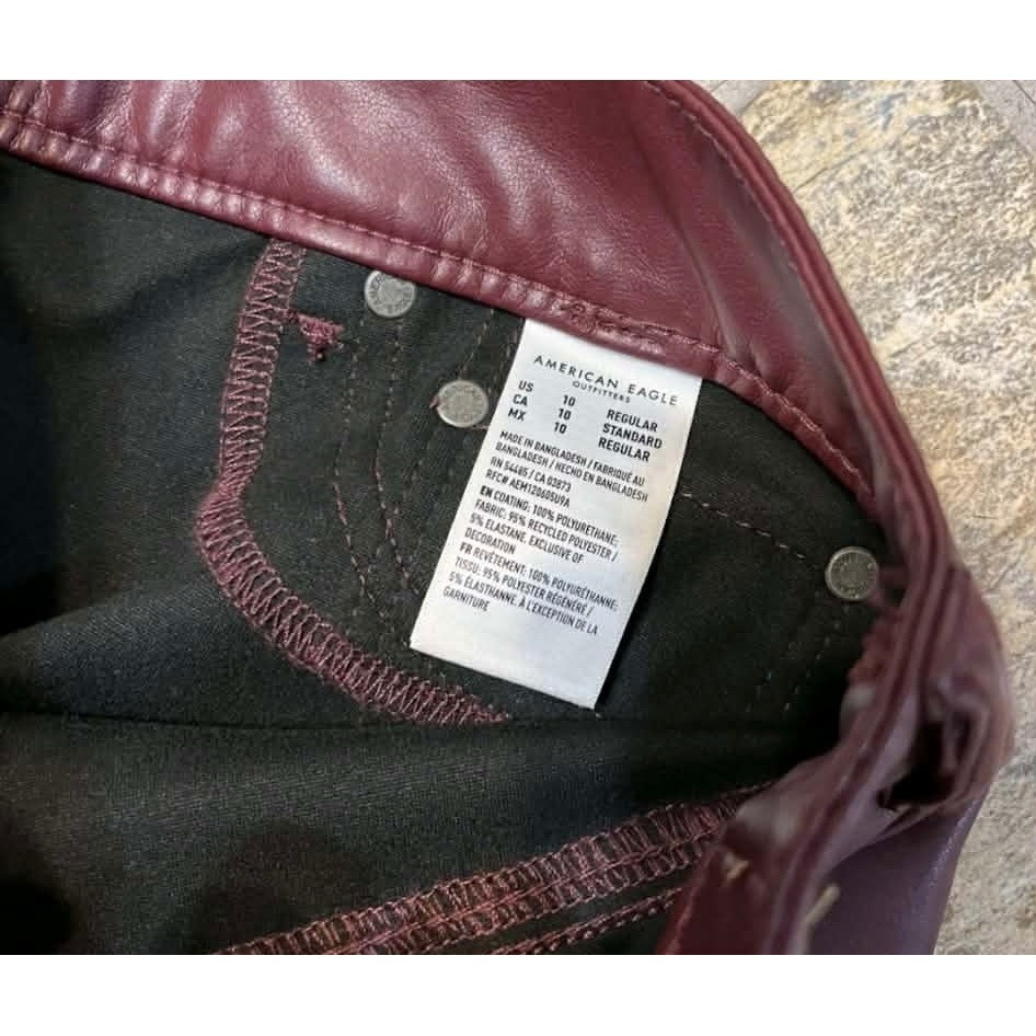 American Eagle Super High Rise Kick Boot Pants Women 10 Burgundy Faux Leather