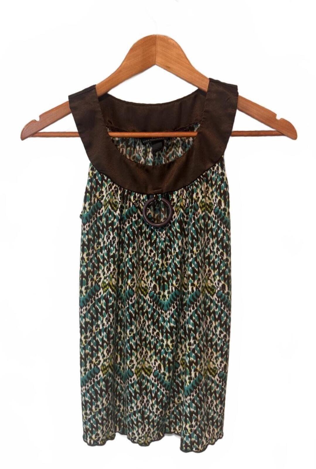 Vintage Y2K A. Byer Halter Tank Top Teal Green Brown Geometric Abstract Print S