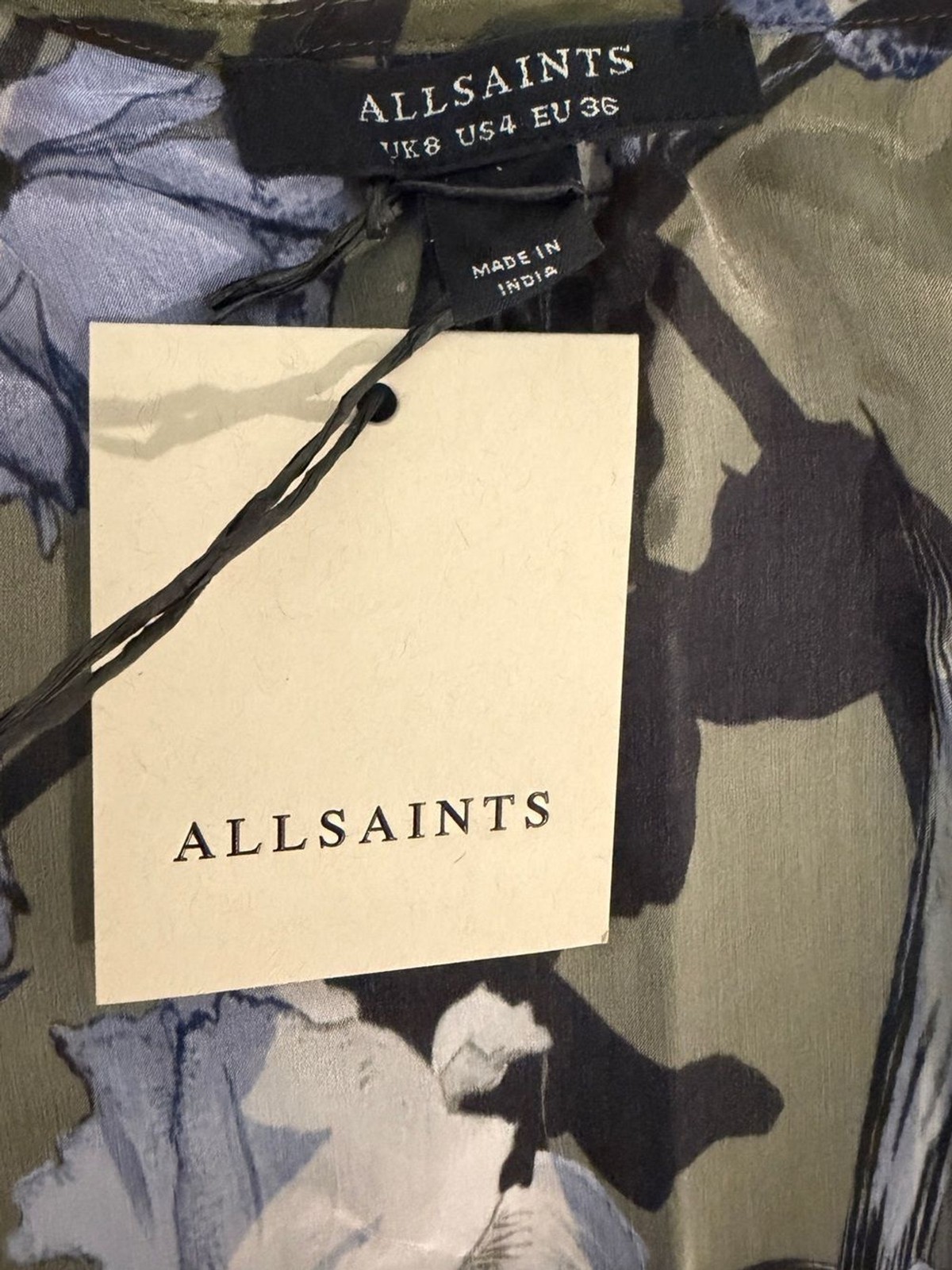 AllSaints Olive and Blue Floral High-Low Wrap Dress 100% Viscose