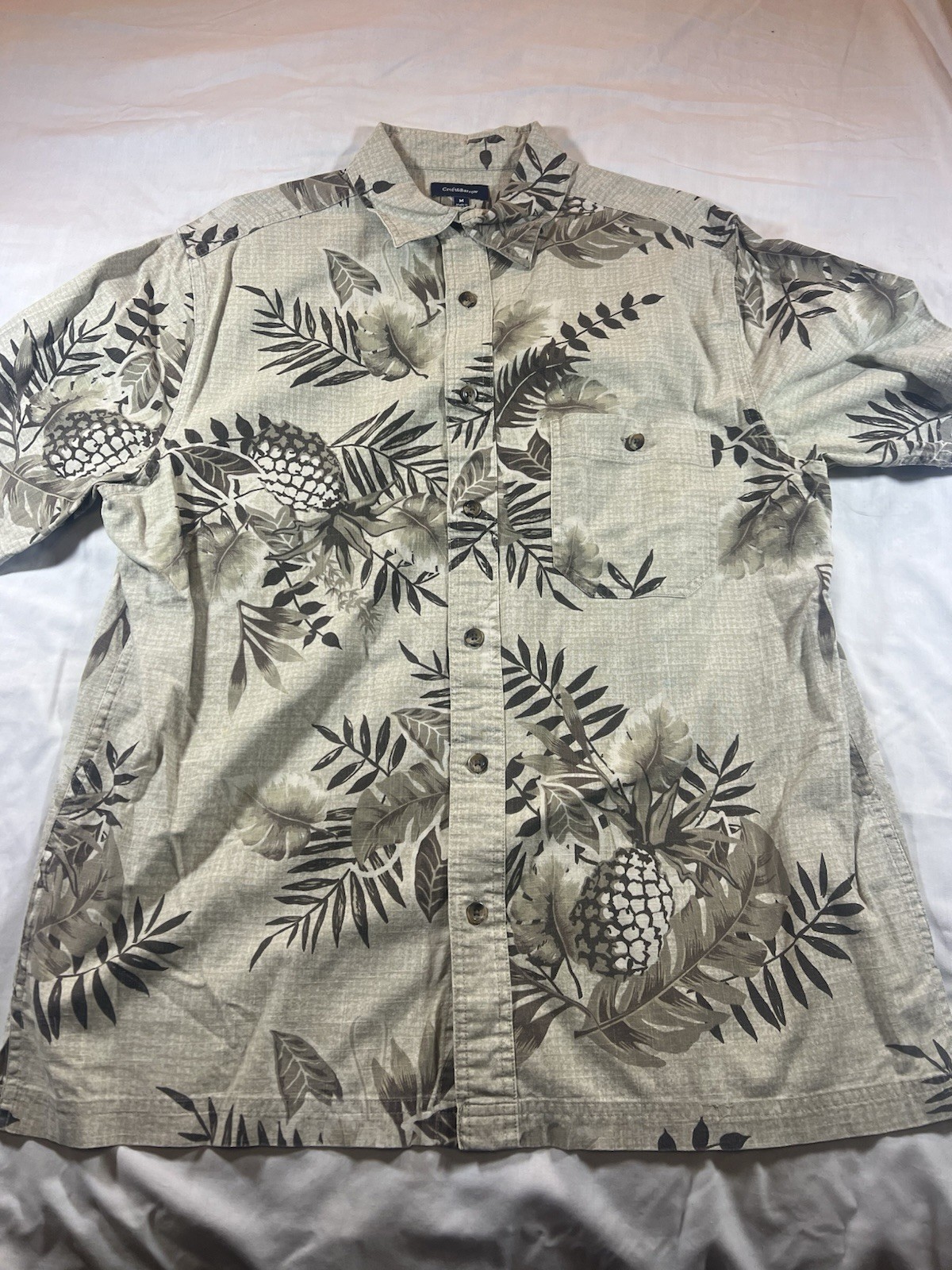 Croft & Barrow M Hawaiian Shirt Sailing Palm Trees Compass Nautical Beige Brow