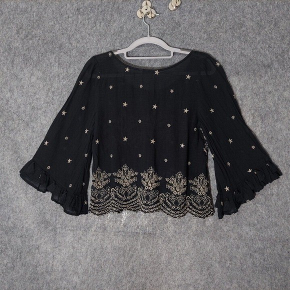 American Eagle Tunic Top Women XS Black Boho Embroidered Peasant Festival Blouse