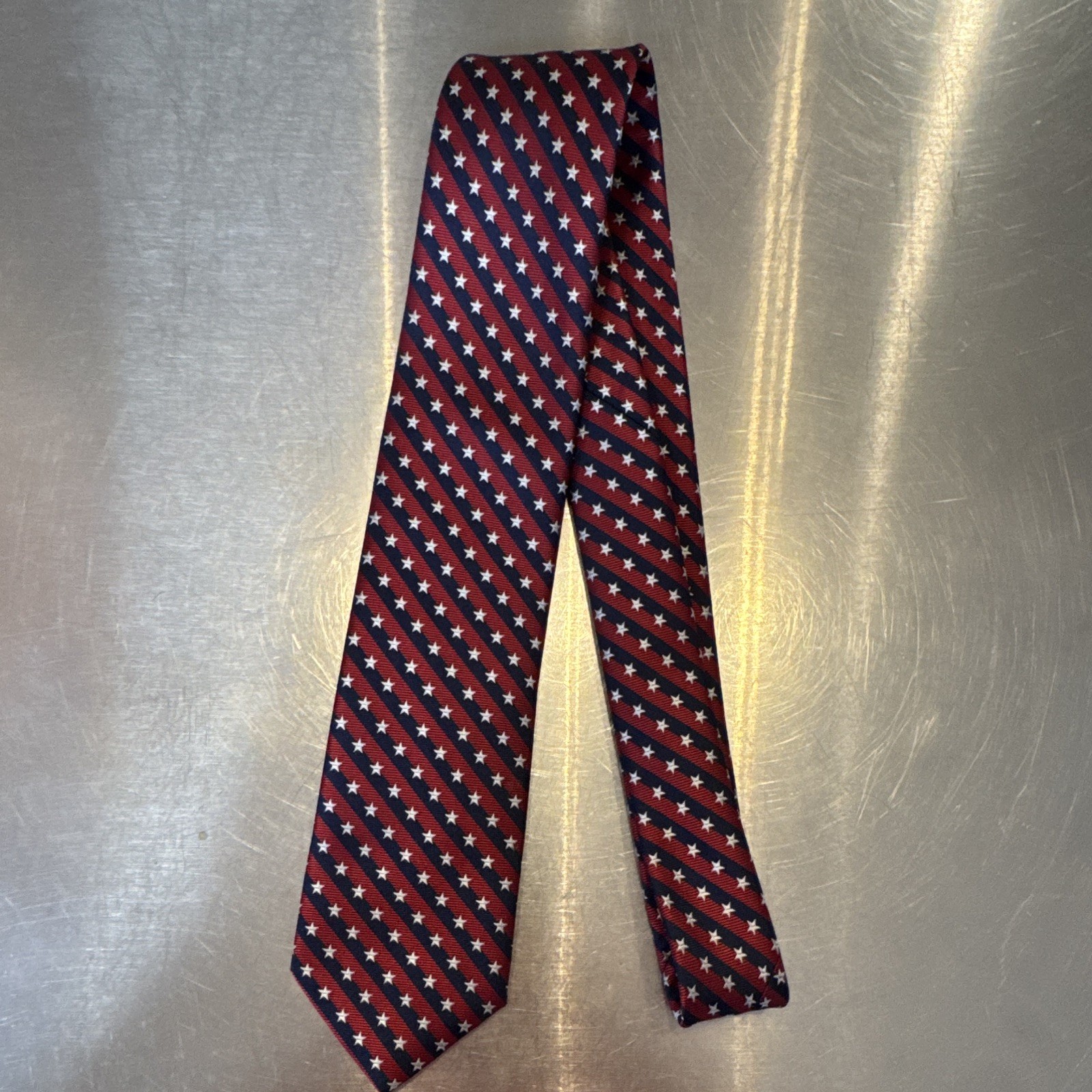 Stafford Men’s Red Blue White Striped Stars Woven Patriotic Tie 38”long 3.25”W