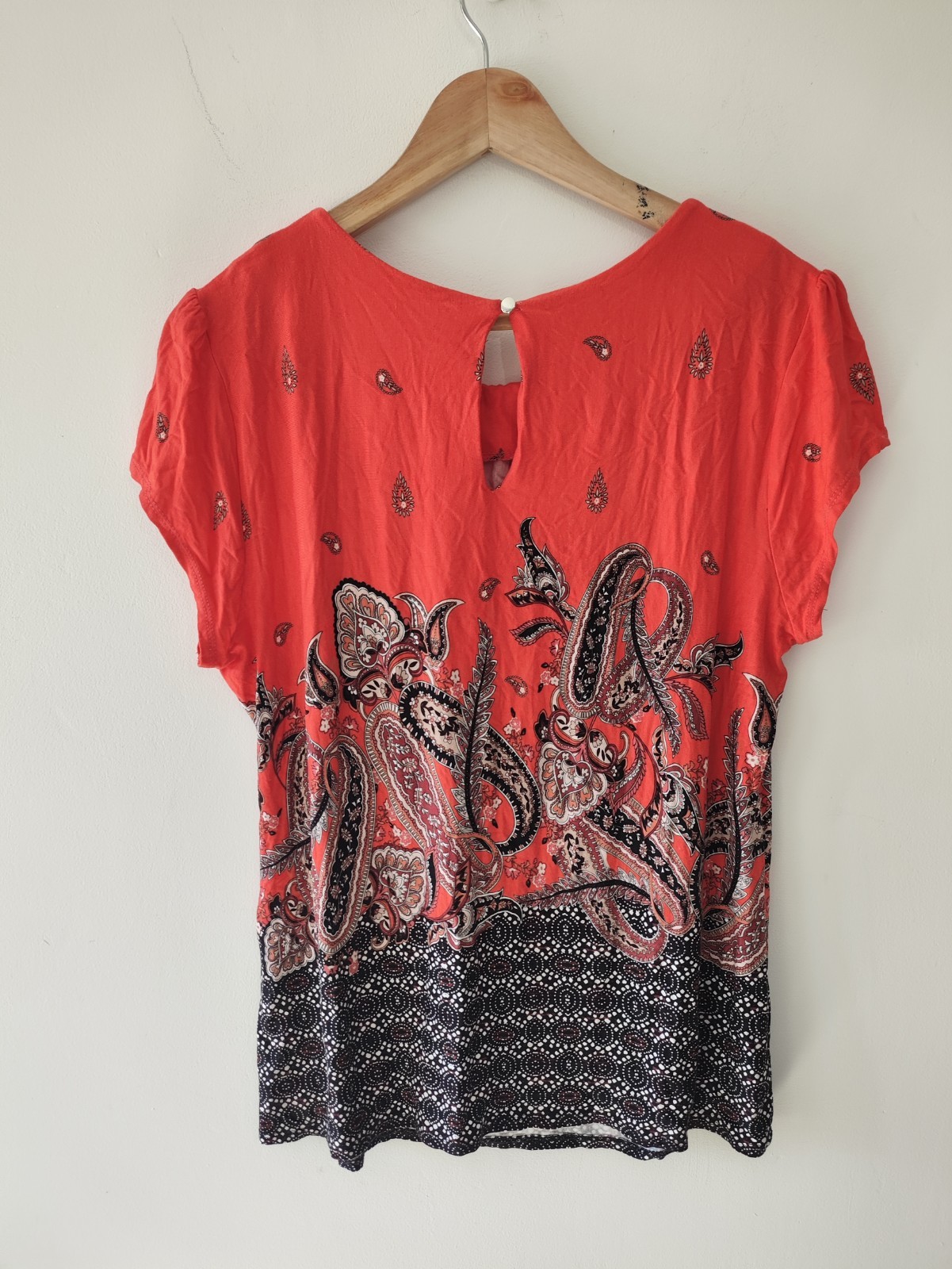 Wallis Womens Top Blouse Size 18 Red Black Paisley Summer Casual Short Sleeve