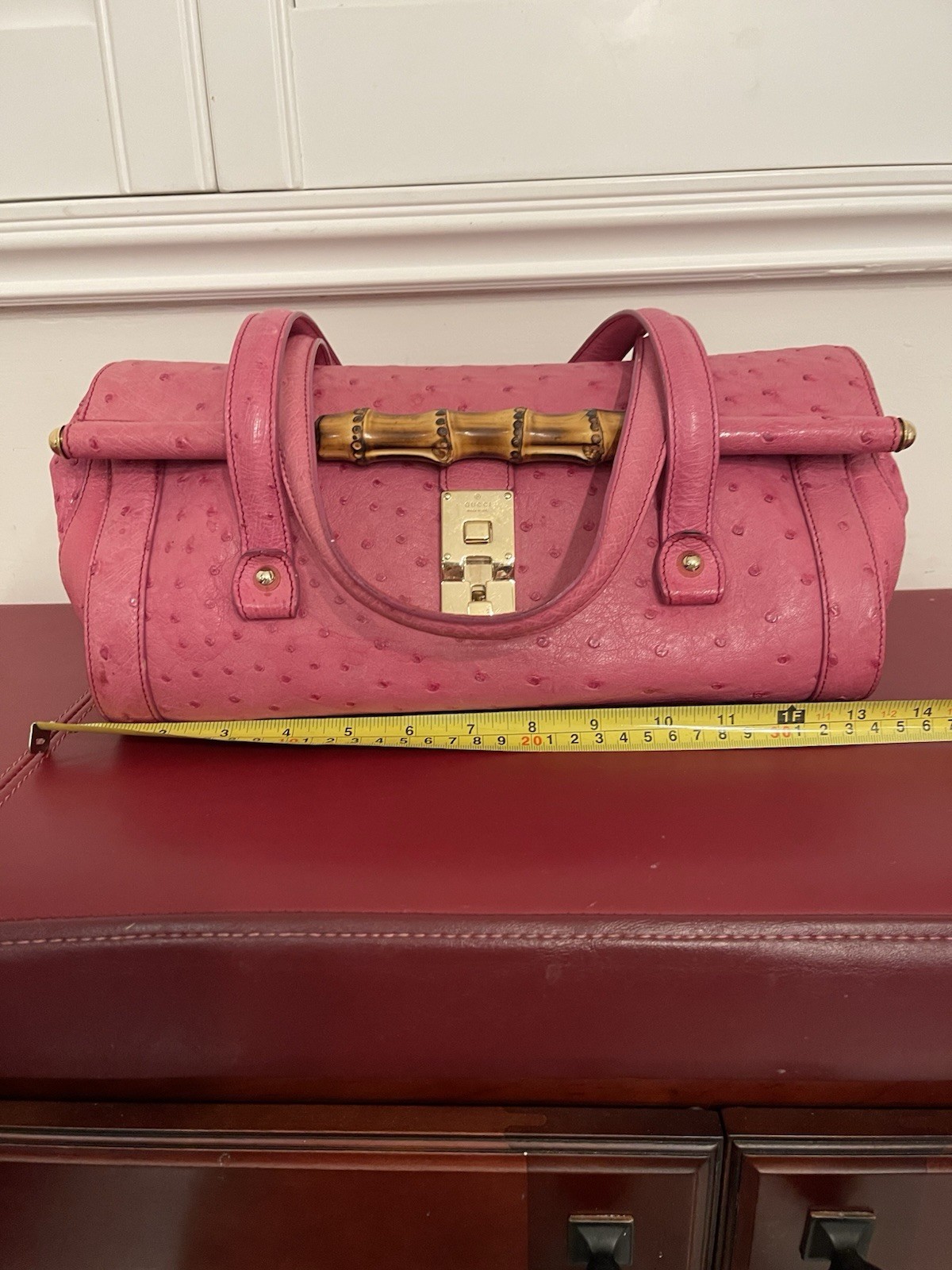 Gucci Ostrich Bullet Bamboo Gold Hardware Turn Lock Closure with Tag