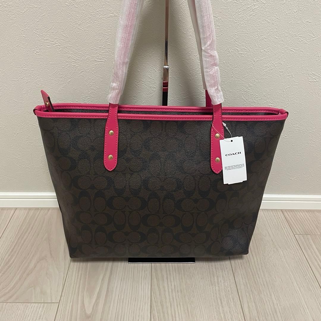 Coach Signature Tote Bag Pink Leather 29x46cm/11.4×18.1in Used