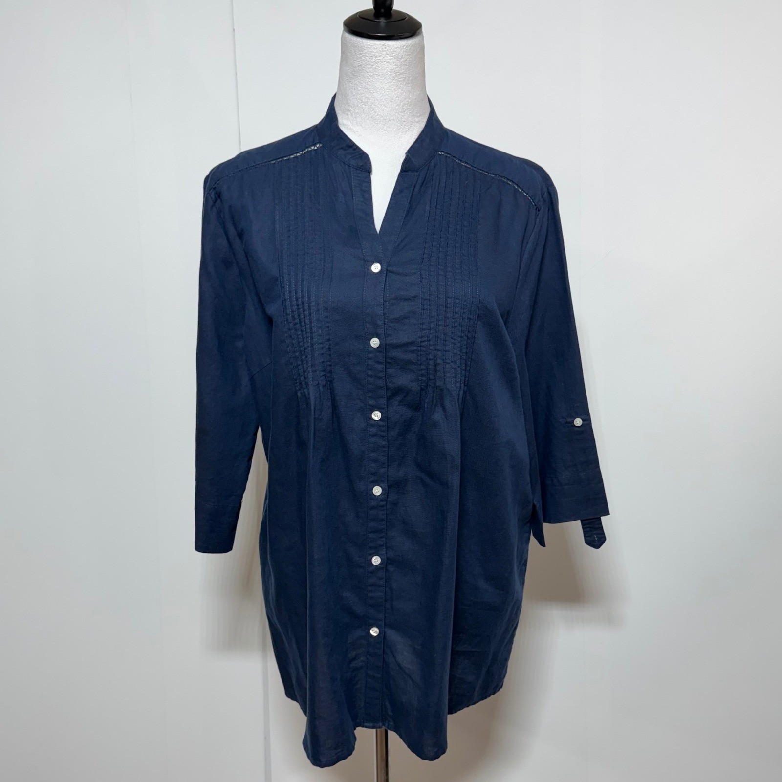 J.McLaughlin Tunic Shirt Top Women XL Blue Linen Blend Button Up Roll Tab