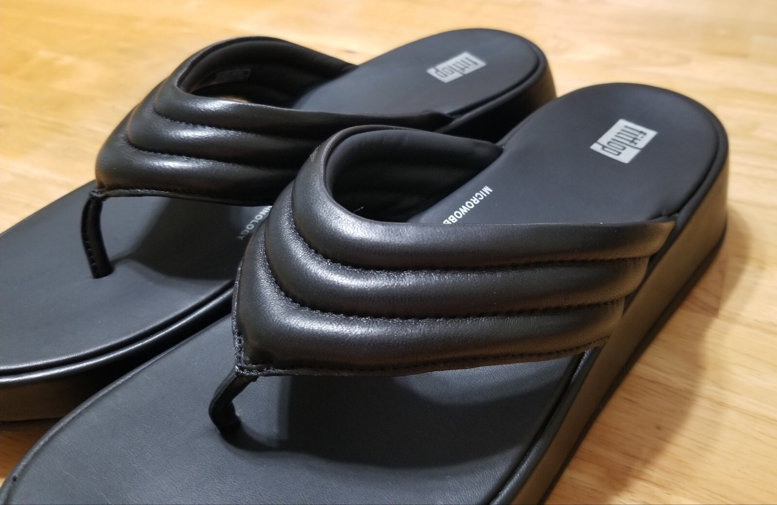 NIB FitFlop F-MODE Padded Leather Flatform Toe-Post sandals black size 10 $180
