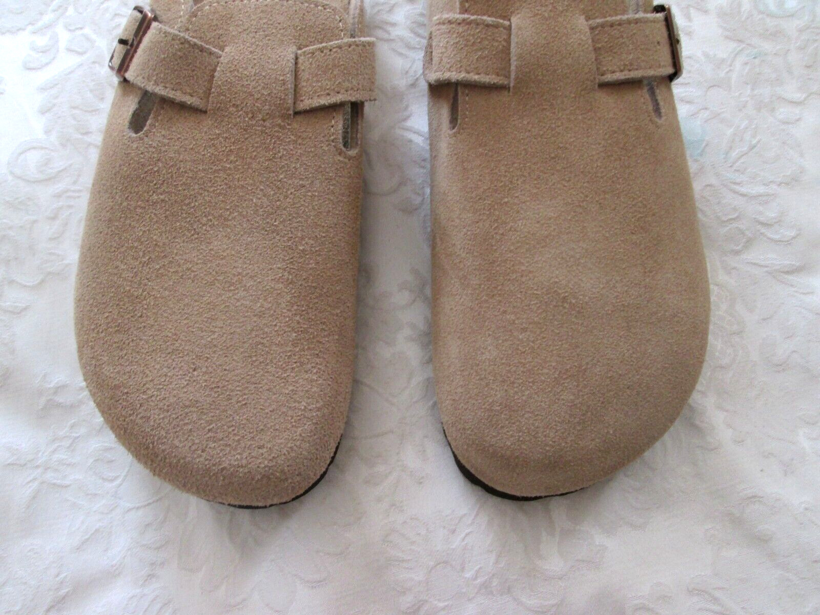 GOMFORT LT TAN/BEIGE SUEDE 41 SLIP-ON CLOGS CORK HEEL BUCKLE UPPER NEW