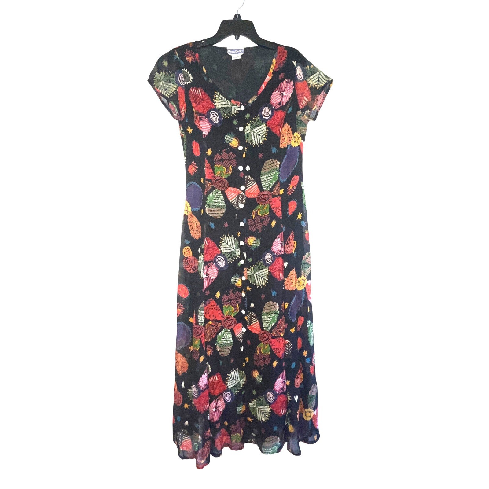 Rene Derhy Vintage Rayon Abstract Floral Print Button Front Maxi Dress Black Lg