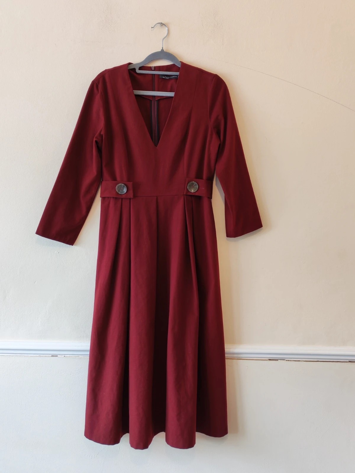 Zara Woman Burgundy Deep V-Neck Midi Dress UK Small Approx. UK 8