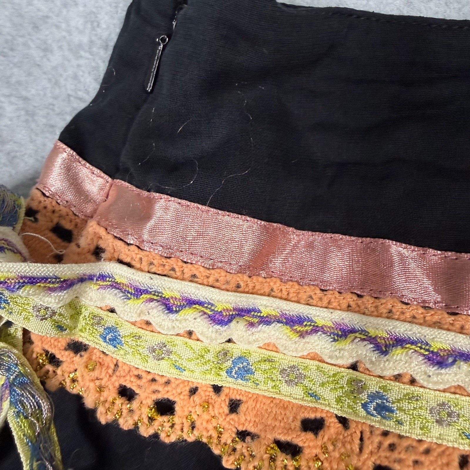 Free People Vintage Y2K Fairy Core Black Boho Ruffle Midi Skirt Ribbon Lace 8