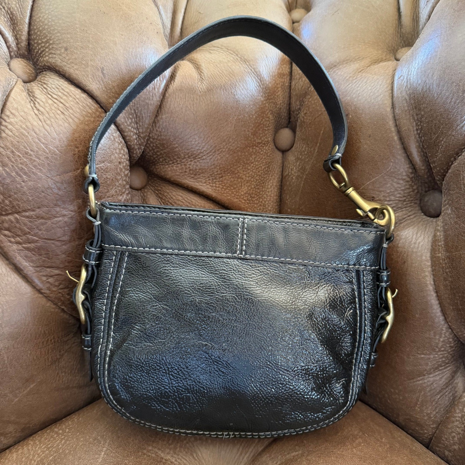 Coach Zoe Shoulder Bag 41869 Black Crinkled Patent Leather Y2K
